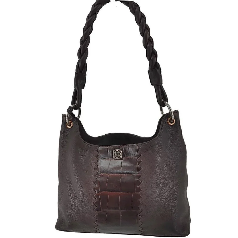 BRIGHTON Brown Pebble & Croco Embossed Leather Hobo Shoulder Bag Braided Strap